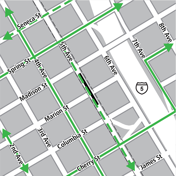 Map with boundaries of Seneca Street to the north, James Street to the south, Eighth Avenue to the east, and Second Avenue to the west. Tunnel station location is under Fifth Avenue between Madison Street and Columbia Street. Existing bike lines run on Spring Street, Fourth Avenue, on Seventh Avenue between Marion Street and Cherry Street, and on Marion street east of Interstate-Five. Planned bike lanes run southbound on Fifth Avenue, and on Seneca Street.
